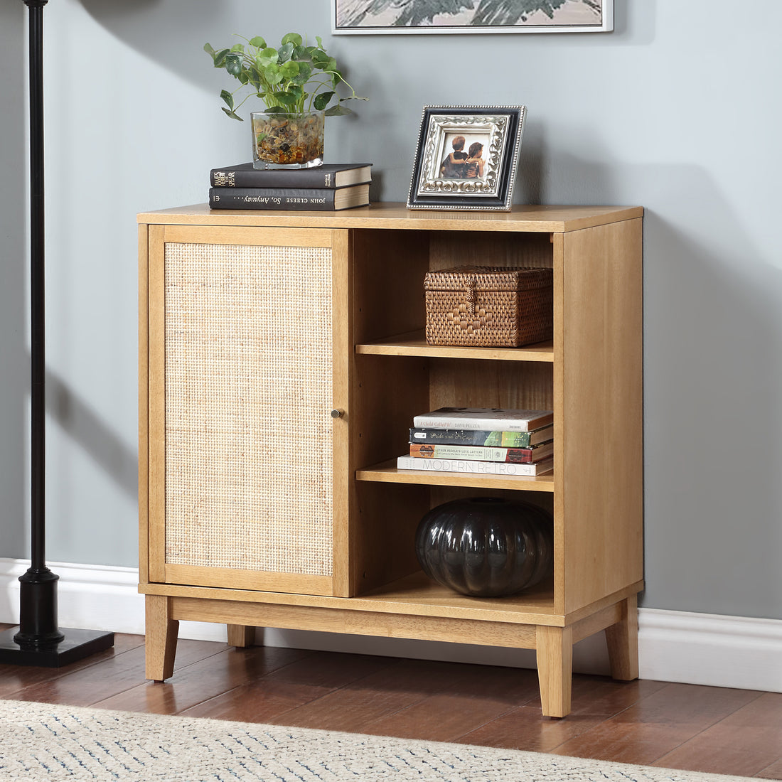 Buffet Cabinet With Storage,Storage Cabinet With Natural Rattan Decorated Doors,Rattan Cabinet With Adjustable Shelf,Sideboard For Living Room,Kitchen,Hallway,1 Doors, Shelf With Storage, Natural Natural Rubber Wood