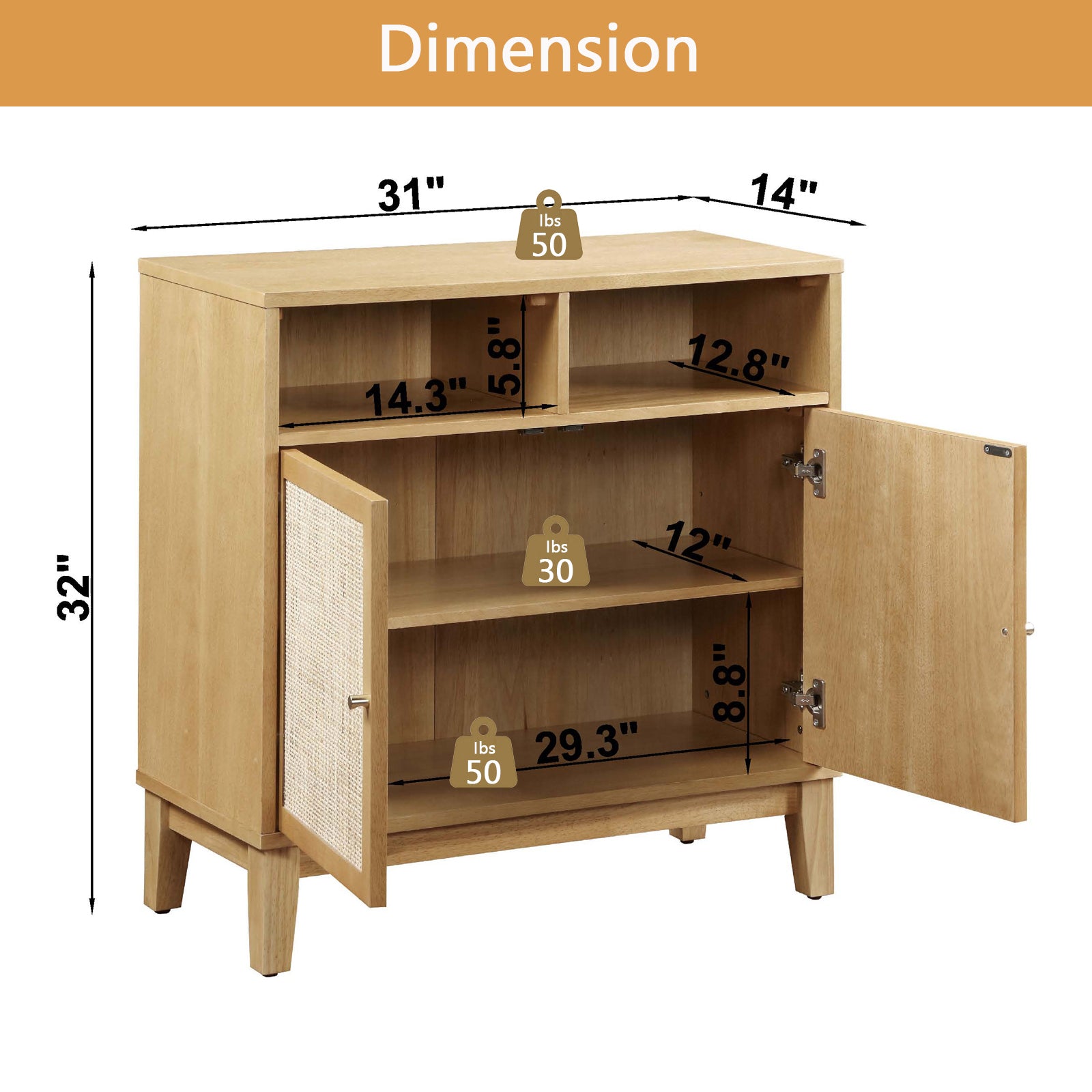 Buffet Cabinet With Storage,Storage Cabinet With Natural Rattan Decorated Doors,Rattan Cabinet With Adjustable Shelf,Sideboard For Living Room,Kitchen,Hallway,2 Doors, Storage, Natural Natural Rubber Wood