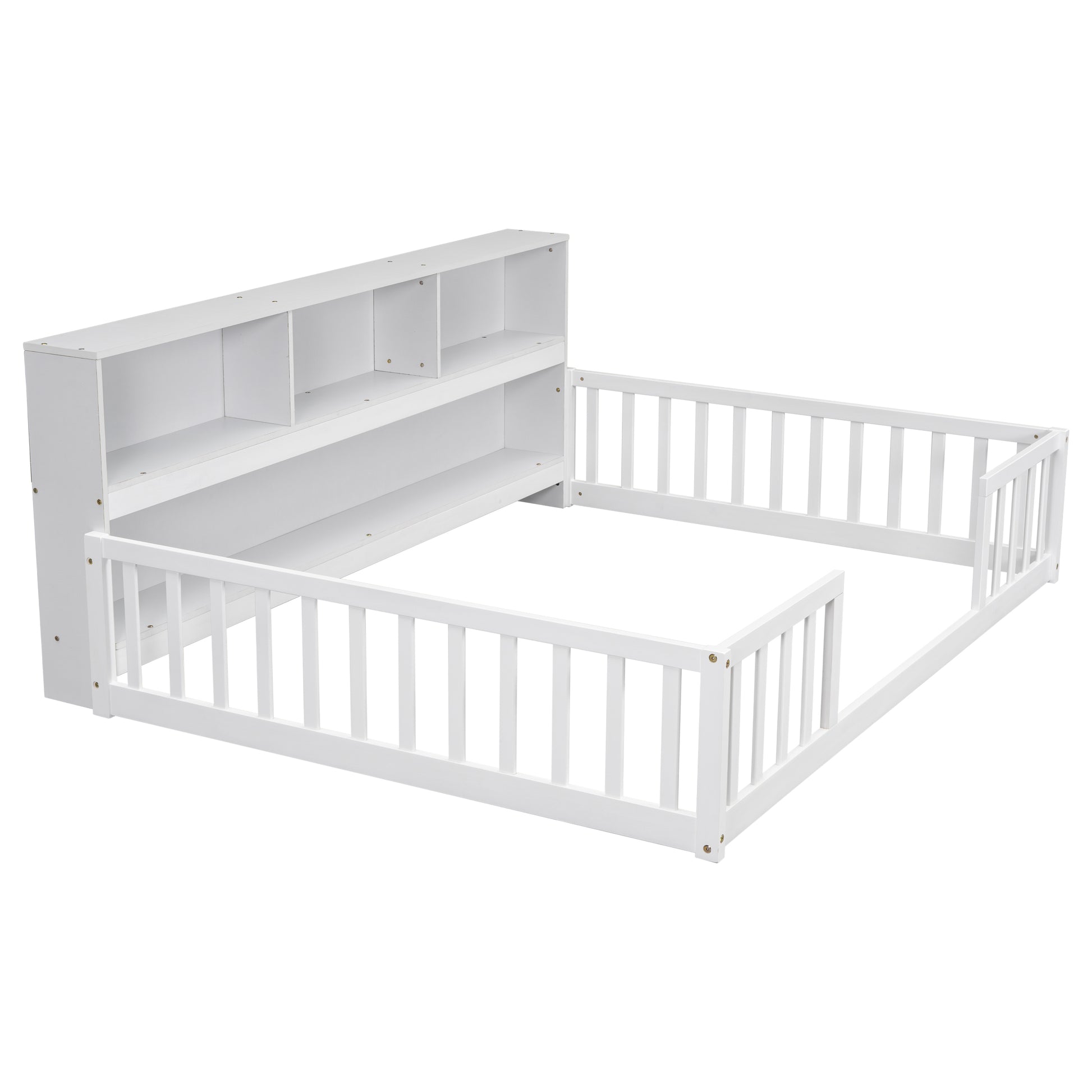 Full Floor Bed With Side Bookcase,Shelves,Guardrails,White Full White Bedroom American Design Pine