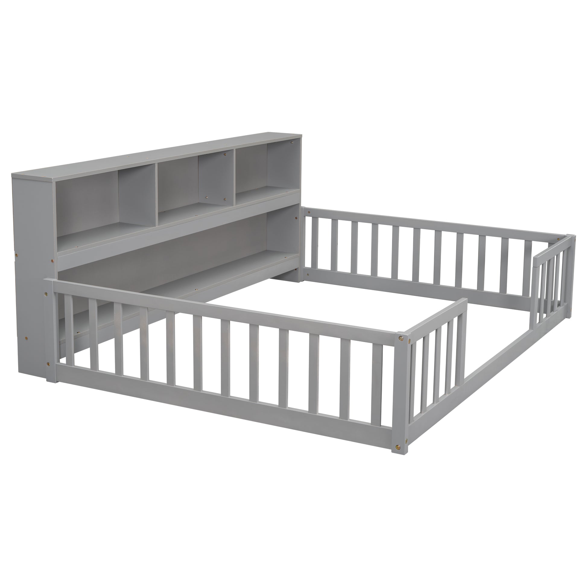 Full Floor Bed With Side Bookcase,Shelves,Guardrails,Grey Full Grey Bedroom American Design Pine