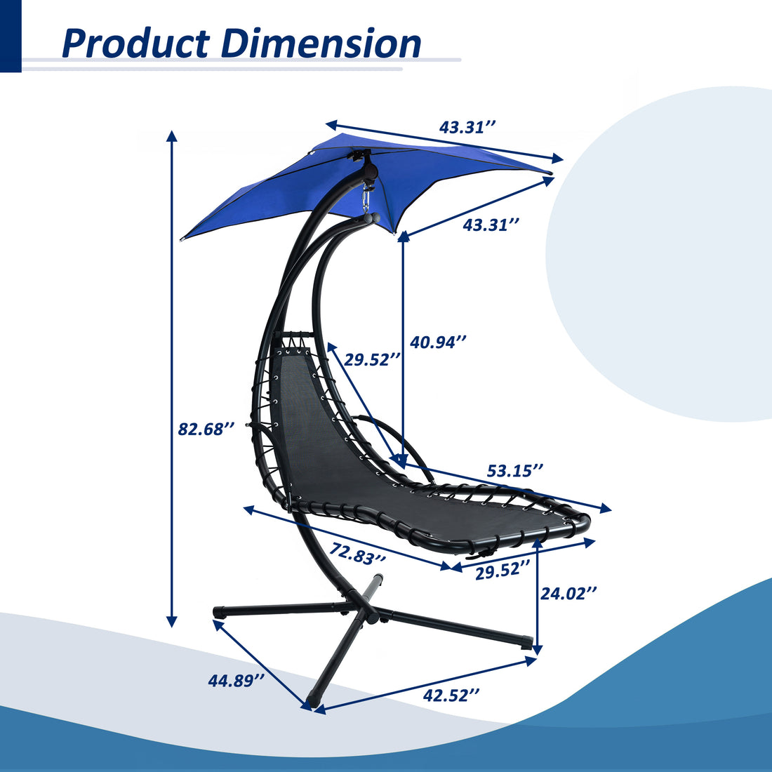 Hanging Chaise Lounger With Removable Canopy, Outdoor Swing Chair With Built In Pillow, Hanging Curved Chaise Lounge Chair Swing For Patio Porch Poolside, Hammock Chair With Stand Navt Navy Metal