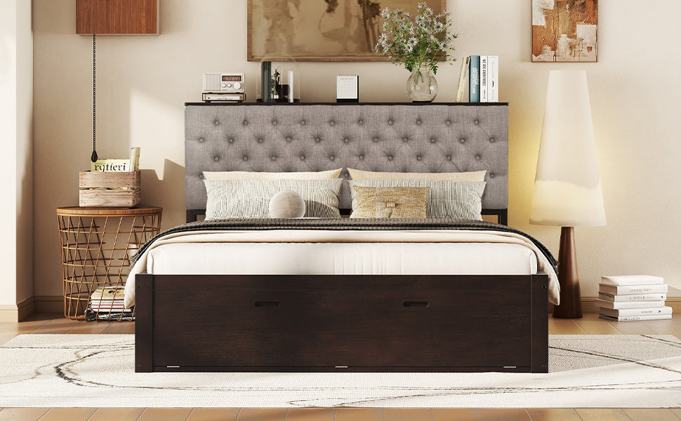 Wood Queen Size Platform Bed With Storage Headboard, Shoe Rack And 4 Drawers,Espresso Box Spring Not Required Queen Espresso Wood Bedroom Bed Frame Solid Wood Mdf