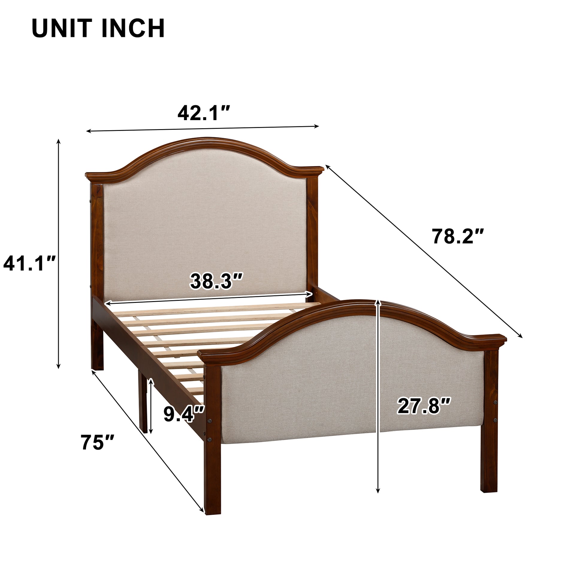 Twin Size Bed Frame With Headboard And Footboard, Upholstered Twin Platform Bed With Strong Wooden Slats Support,Walnut Twin Walnut Bedroom American Design Pine