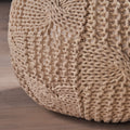 Bordeaux Knitted Cotton Round Pouf, Beige Beige Cotton