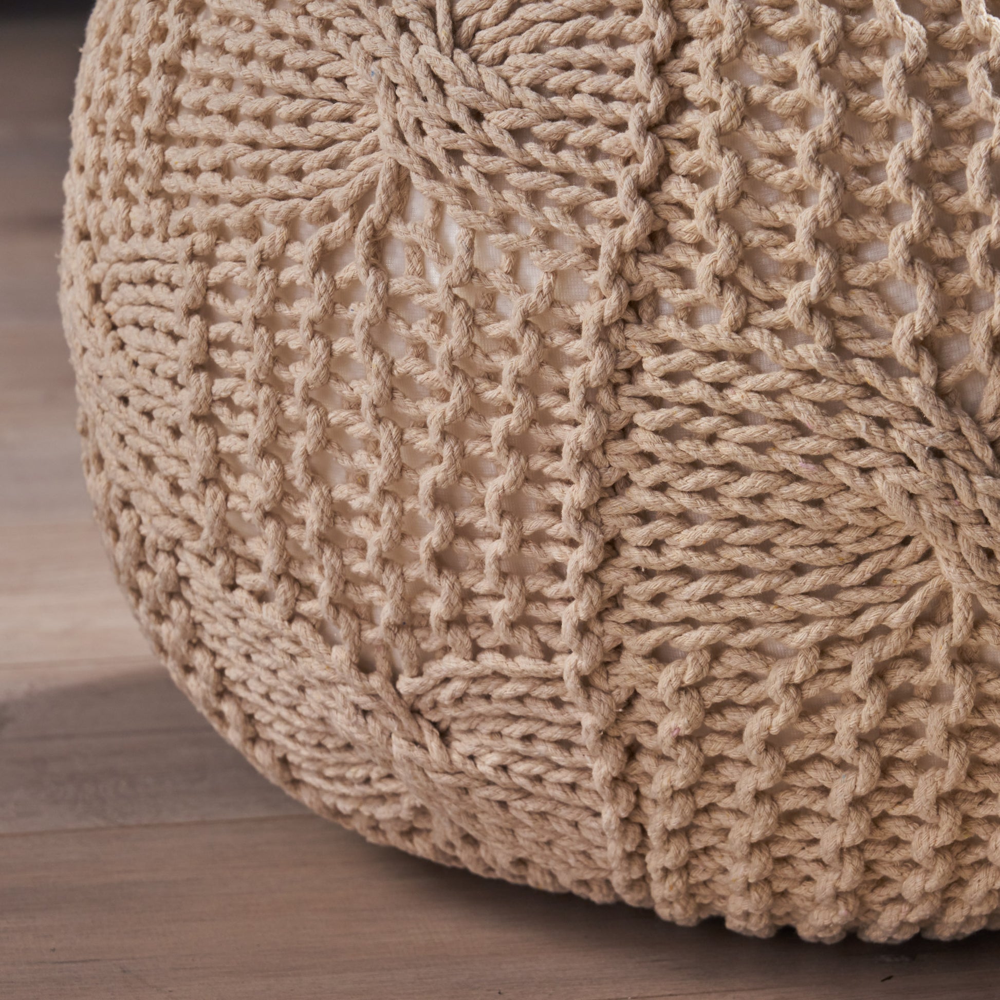 Bordeaux Knitted Cotton Round Pouf, Beige Beige Cotton