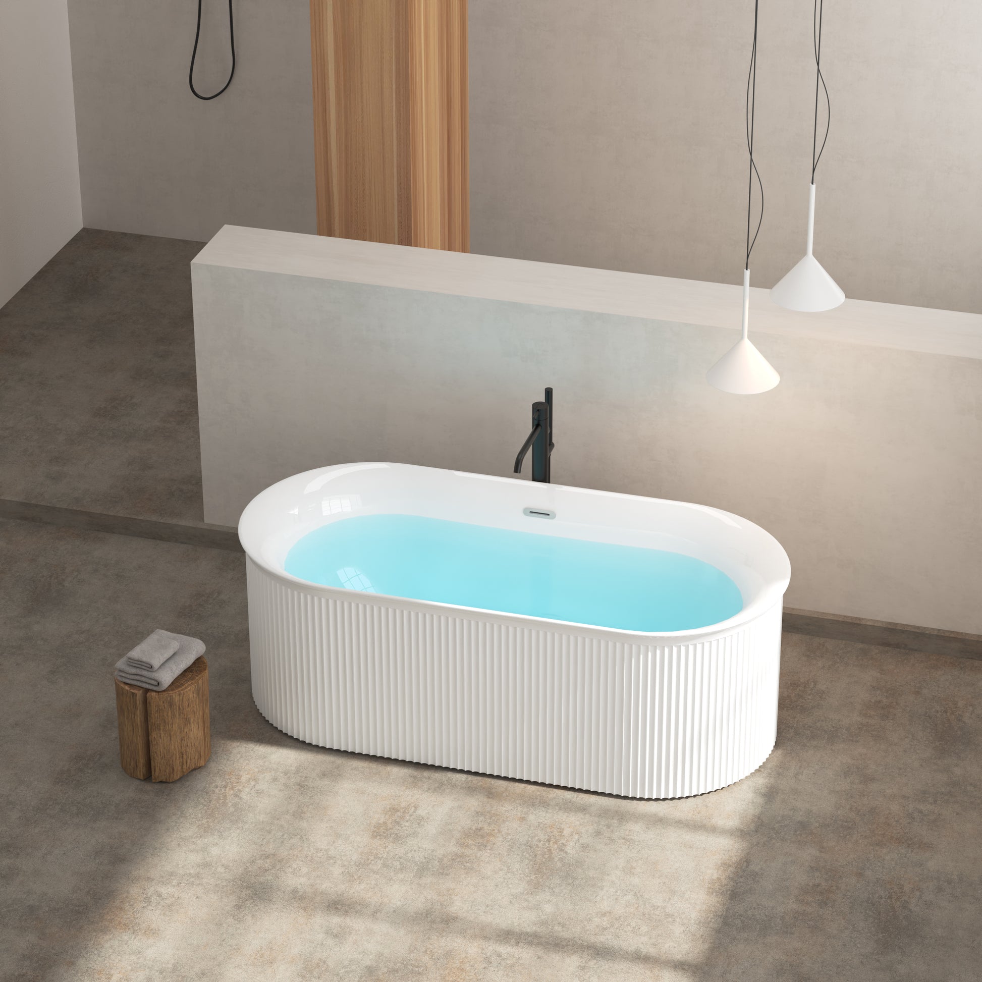 67" Acrylic Freestanding Bathtub Acrylic Soaking Tubs, Fluted Style Gloss White Freestanding Bathtub With Classic Slotted Overflow And Toe Tap Drain In Chrome, 02149 Glossy White Oval Bathroom Freestanding Tubs Polished 61 69 In Contemporary Soaking