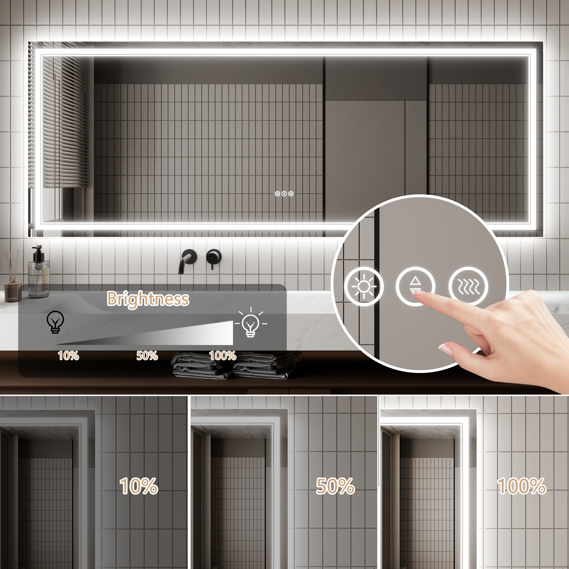 Led Bathroom Mirror, 32X84 Inch Bathroom Vanity Mirrors With Lights, Mirrors For Wall With Smart Touch Button, Anti Fog, Memory Function, Stepless Dimmable Makeup Mirror Horizontal Vertical White Aluminium