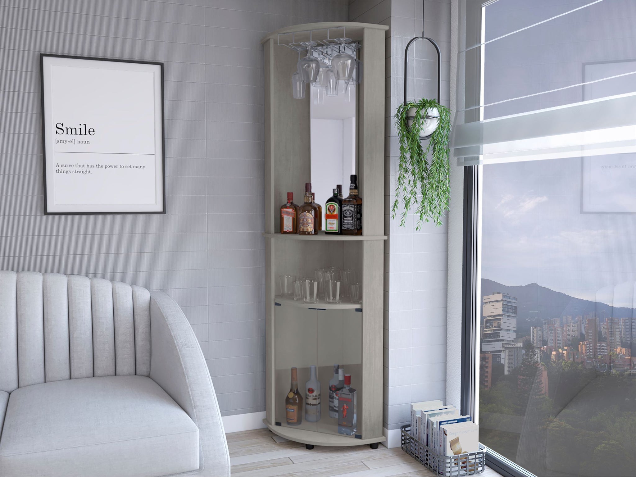 Corner Bar Cabinet Rialto, Living Room, Concrete Gray Grey Particle Board Engineered Wood