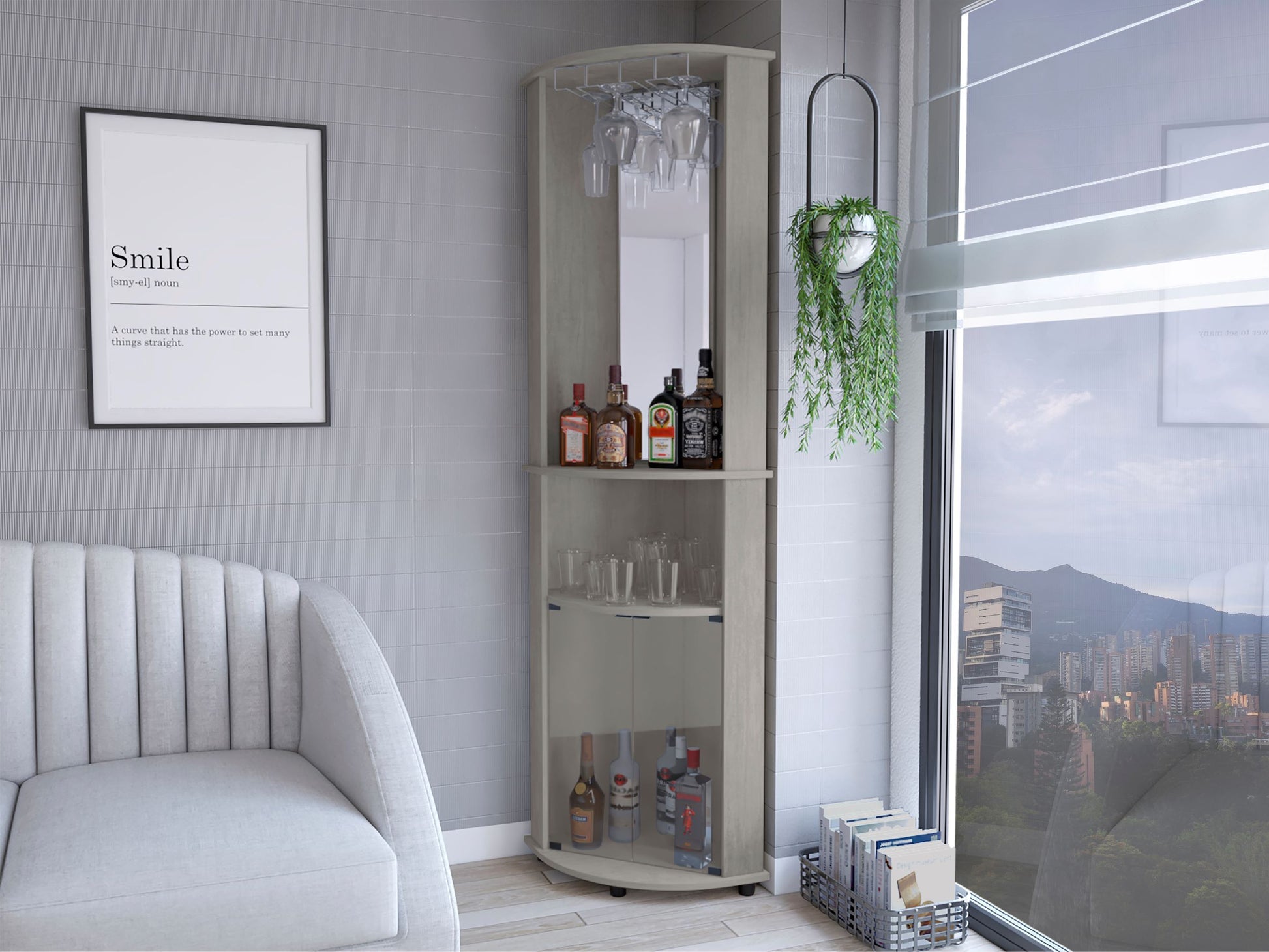 Corner Bar Cabinet Rialto, Living Room, Concrete Gray Grey Particle Board Engineered Wood