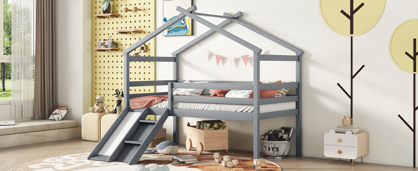 Twin Low Loft House Bed With Slide, Ladder, Safety Guardrails, House Roof Frame,Grey Twin Grey American Design Pine