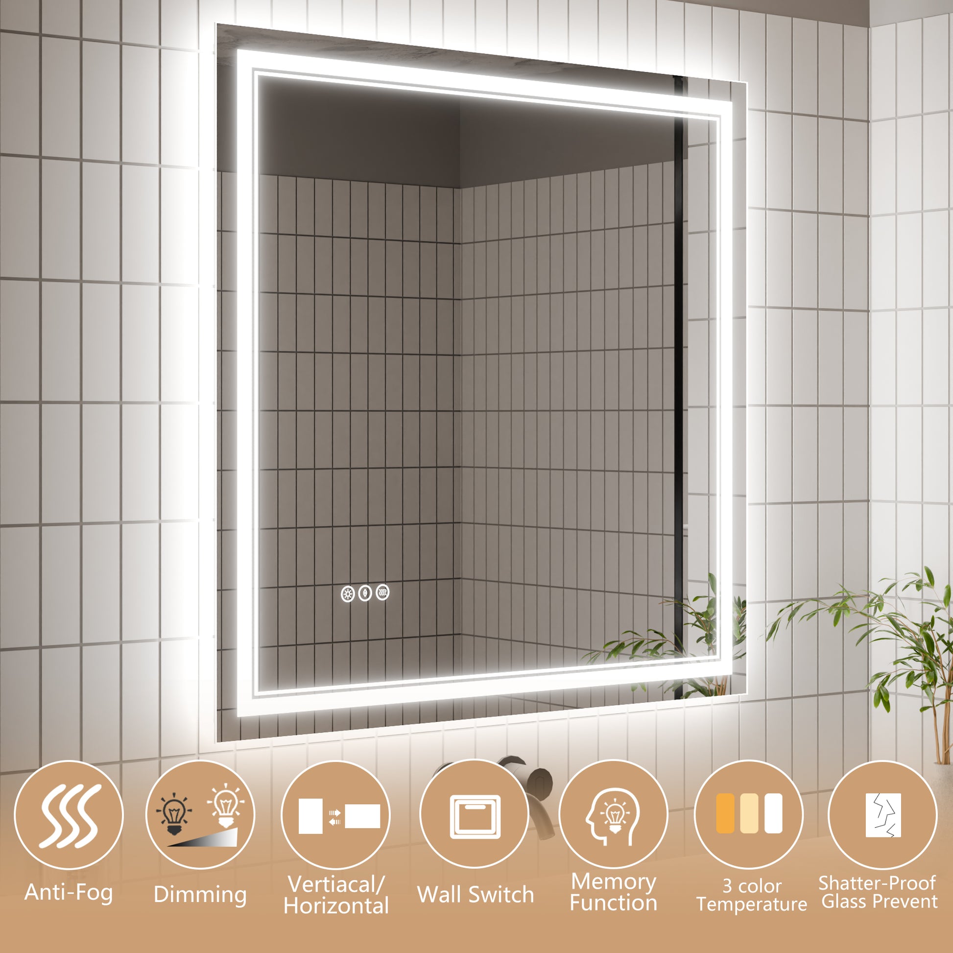 Led Bathroom Mirror, 36X36 Inch Bathroom Vanity Mirrors With Lights, Mirrors For Wall With Smart Touch Button, Anti Fog, Memory Function, Stepless Dimmable Makeup Mirror Horizontal Vertical White Aluminium
