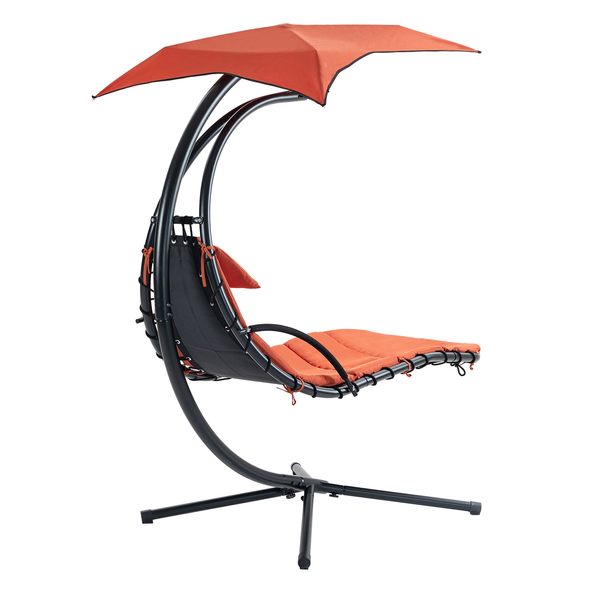 Hanging Chaise Lounger With Removable Canopy, Outdoor Swing Chair With Built In Pillow, Hanging Curved Chaise Lounge Chair Swing For Patio Porch Poolside, Hammock Chair With Stand Orange Orange Metal