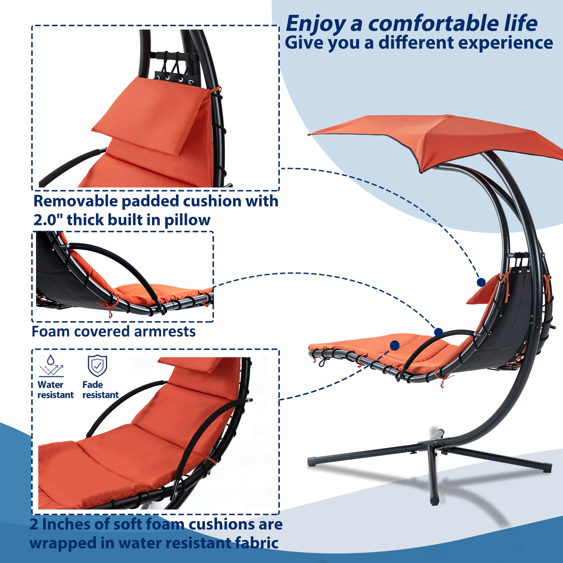 Hanging Chaise Lounger With Removable Canopy, Outdoor Swing Chair With Built In Pillow, Hanging Curved Chaise Lounge Chair Swing For Patio Porch Poolside, Hammock Chair With Stand Orange Orange Metal