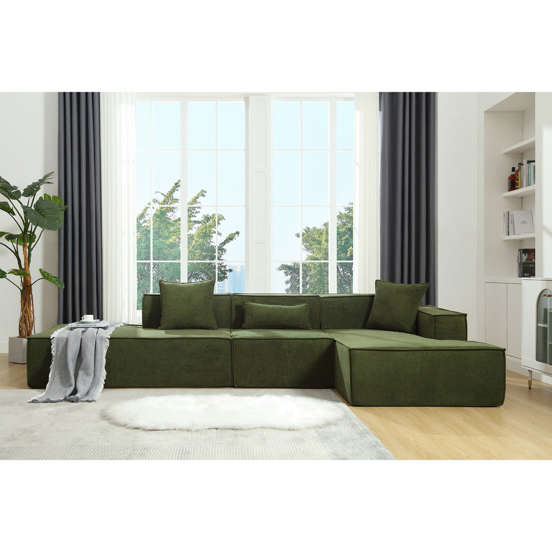 Modular Combination Living Room Sofa Set, Modern Minimalist Sofa, Free Installation Sofa, L Shaped, Italian Minimalist Tofu Block Sofa, Right Hand Facing,Terrycloth Fabric,Green Green Polyester Primary Living Space Soft Modern Polyester 3 Seat