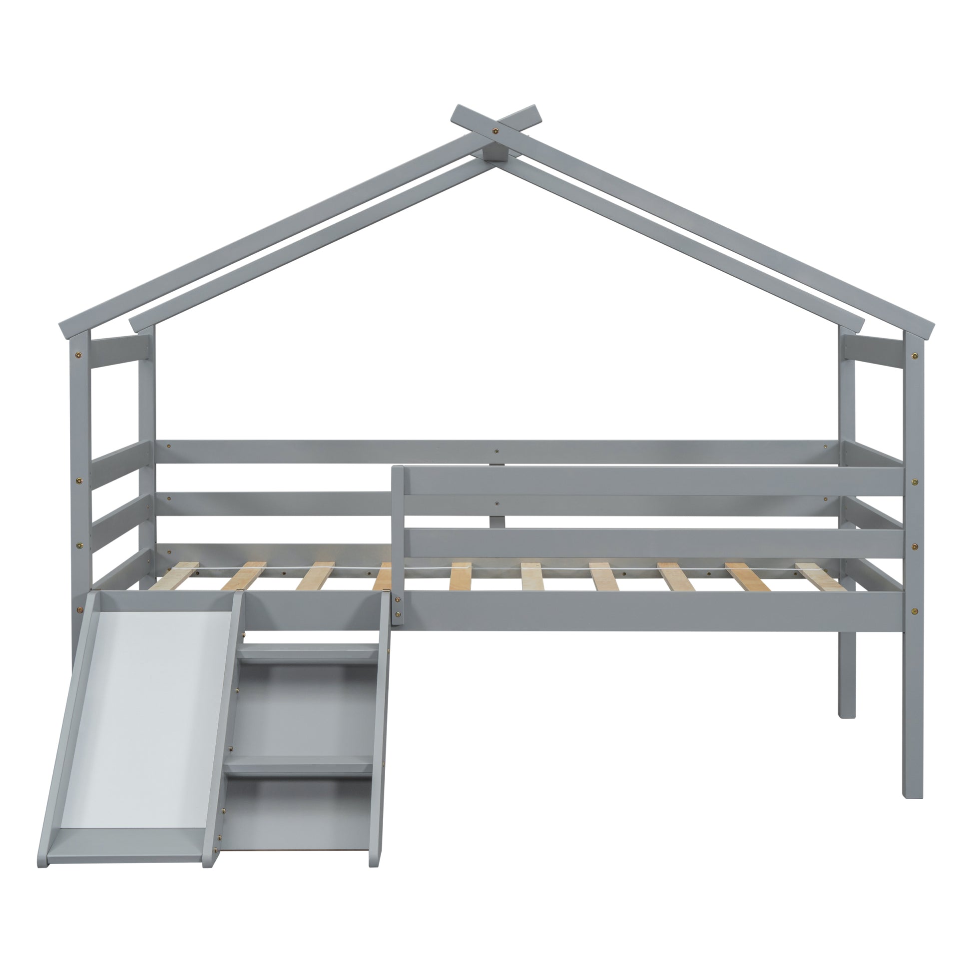 Twin Low Loft House Bed With Slide, Ladder, Safety Guardrails, House Roof Frame,Grey Twin Grey American Design Pine