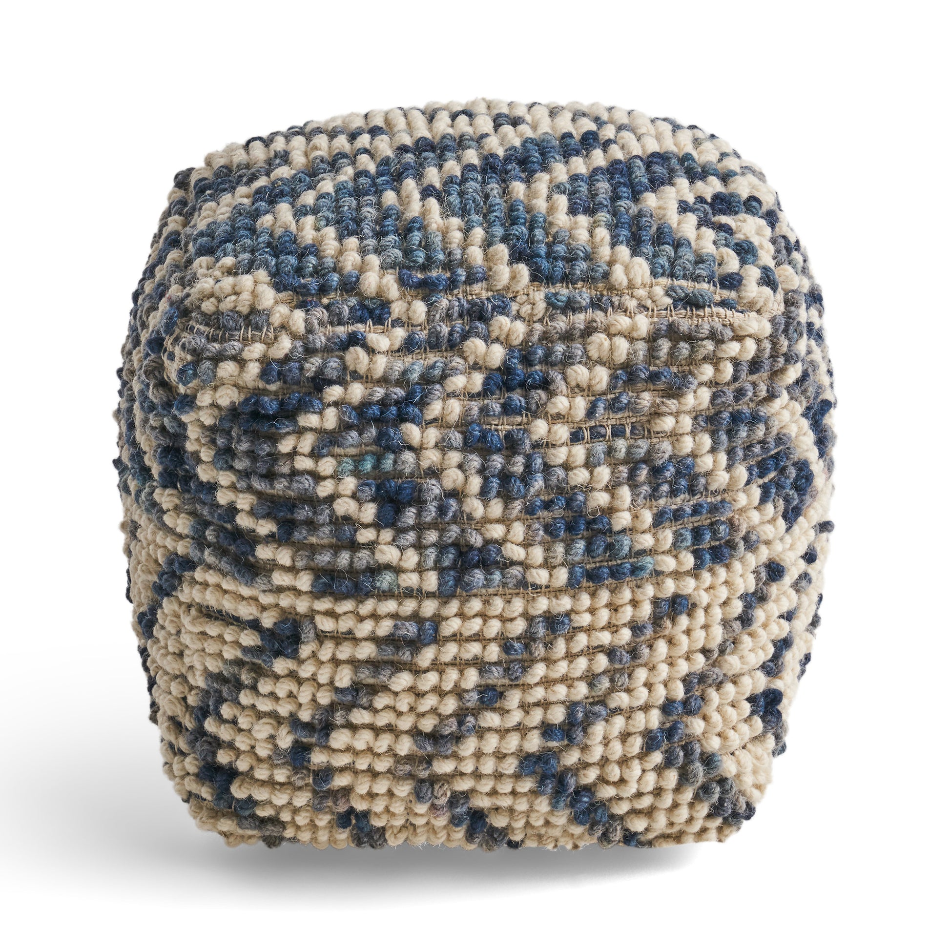 Alina Wool And Cotton Pouf, Natural And Blue Natural Wool