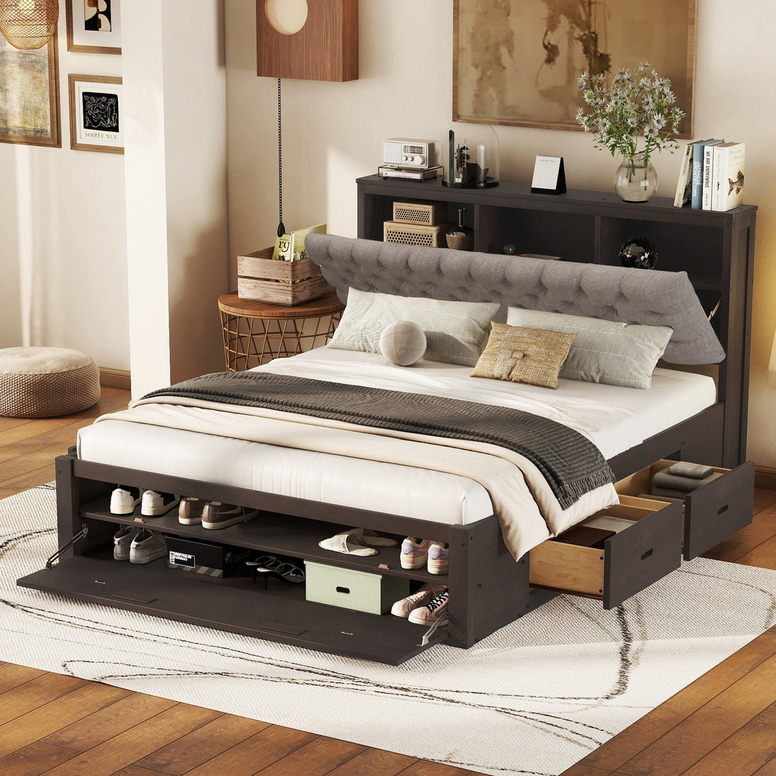 Wood Queen Size Platform Bed With Storage Headboard, Shoe Rack And 4 Drawers,Espresso Box Spring Not Required Queen Espresso Wood Bedroom Bed Frame Solid Wood Mdf