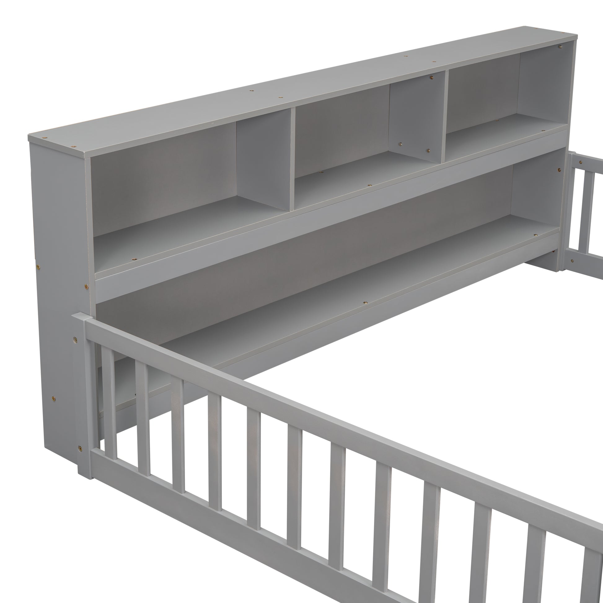 Full Floor Bed With Side Bookcase,Shelves,Guardrails,Grey Full Grey Bedroom American Design Pine