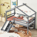 Twin Low Loft House Bed With Slide, Ladder, Safety Guardrails, House Roof Frame,Grey Twin Grey American Design Pine