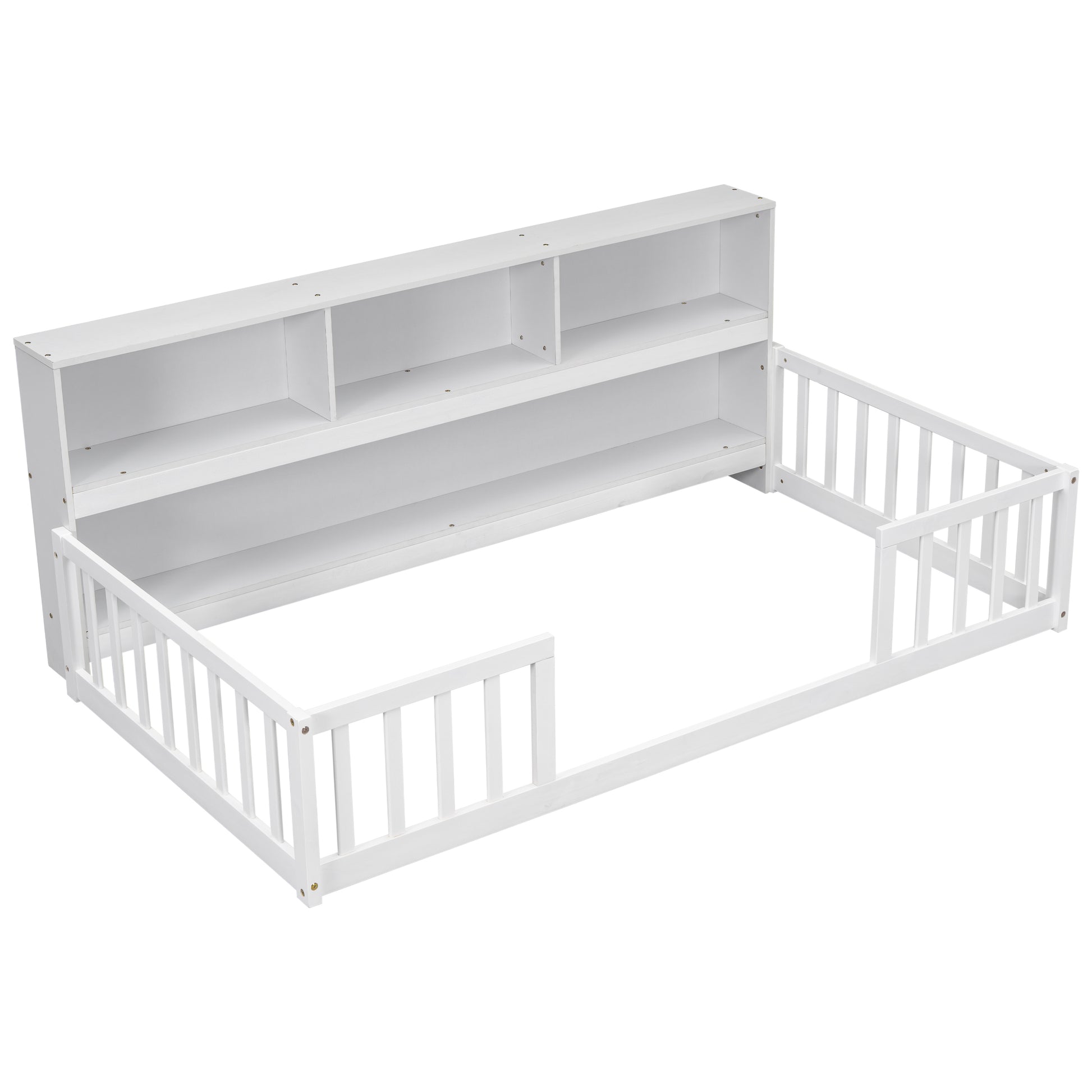 Twin Floor Bed With Bedside Bookcase,Shelves,Guardrails,White Twin White Bedroom American Design Pine