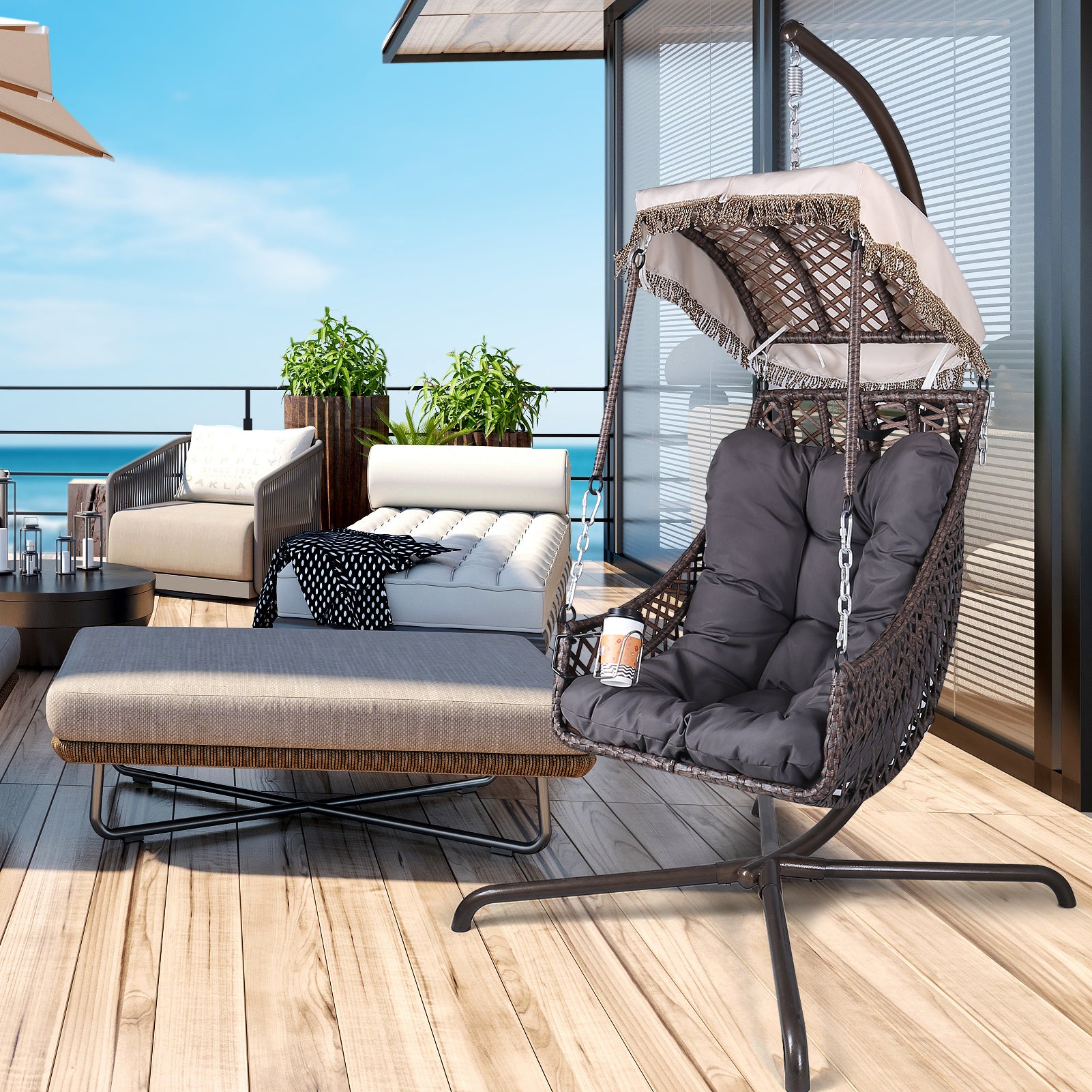 Same As W1132135315 Swing Egg Chair With Stand Indoor Outdoor, Uv Resistant Black Cushion Hanging Chair With Cup Holder, Wicker Rattan Frame 350Lbs Capacity For Patio Bedroom With Sunshade Cloth Coffee Metal