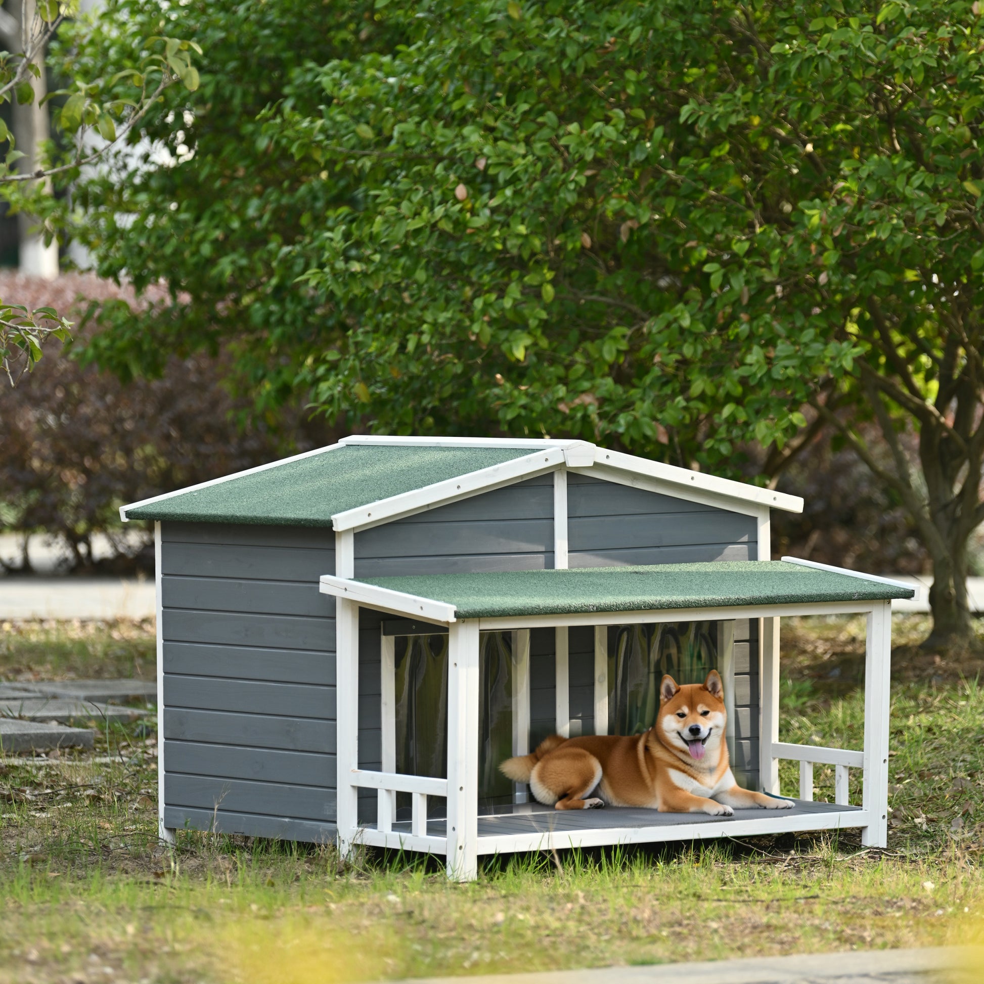 47.2" Large Wooden Dog House Outdoor, Outdoor & Indoor Dog Crate, Cabin Style, With Porch, 2 Doors, Gray And Green Gray Outdoor Kennel Medium 26 40 Lbs Solid Wood