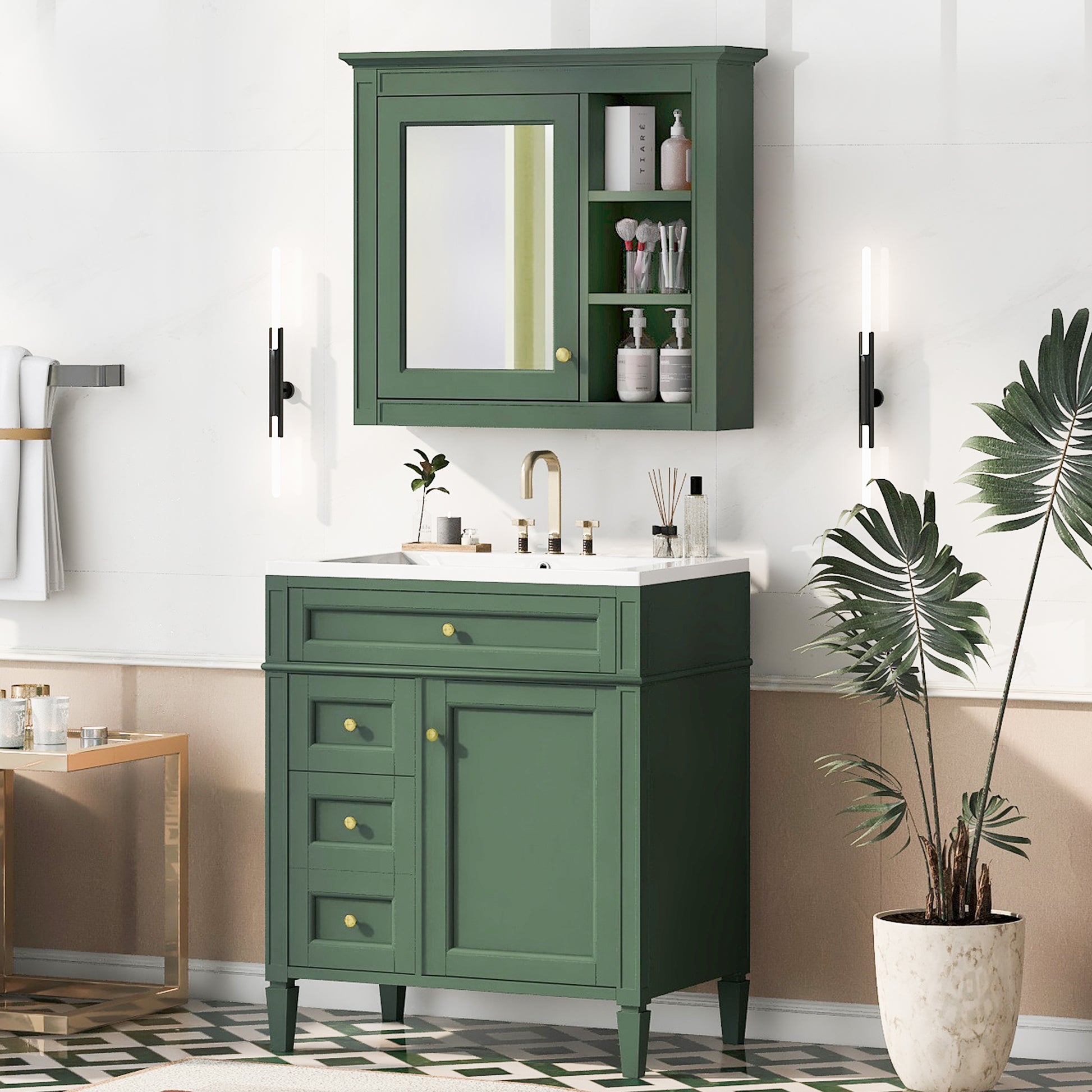 30'' Bathroom Vanity With Top Sink, Modern Bathroom Storage Cabinet With 2 Drawers And A Tip Out Drawer, Freestanding Vanity Set With Mirror Cabinet, Single Sink Bathroom Vanity Same As Sw000126Aaf