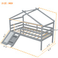 Twin Low Loft House Bed With Slide, Ladder, Safety Guardrails, House Roof Frame,Grey Twin Grey American Design Pine