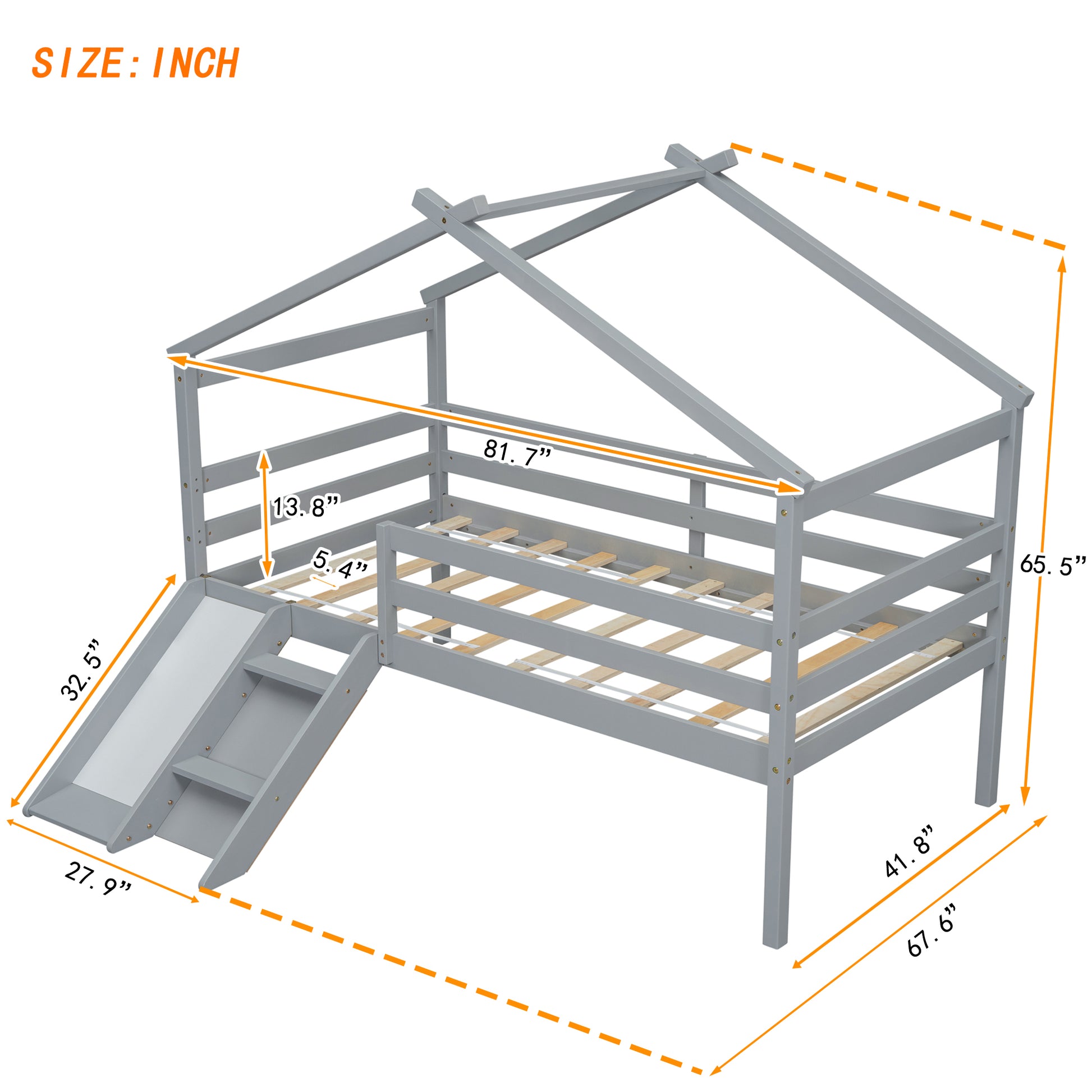 Twin Low Loft House Bed With Slide, Ladder, Safety Guardrails, House Roof Frame,Grey Twin Grey American Design Pine