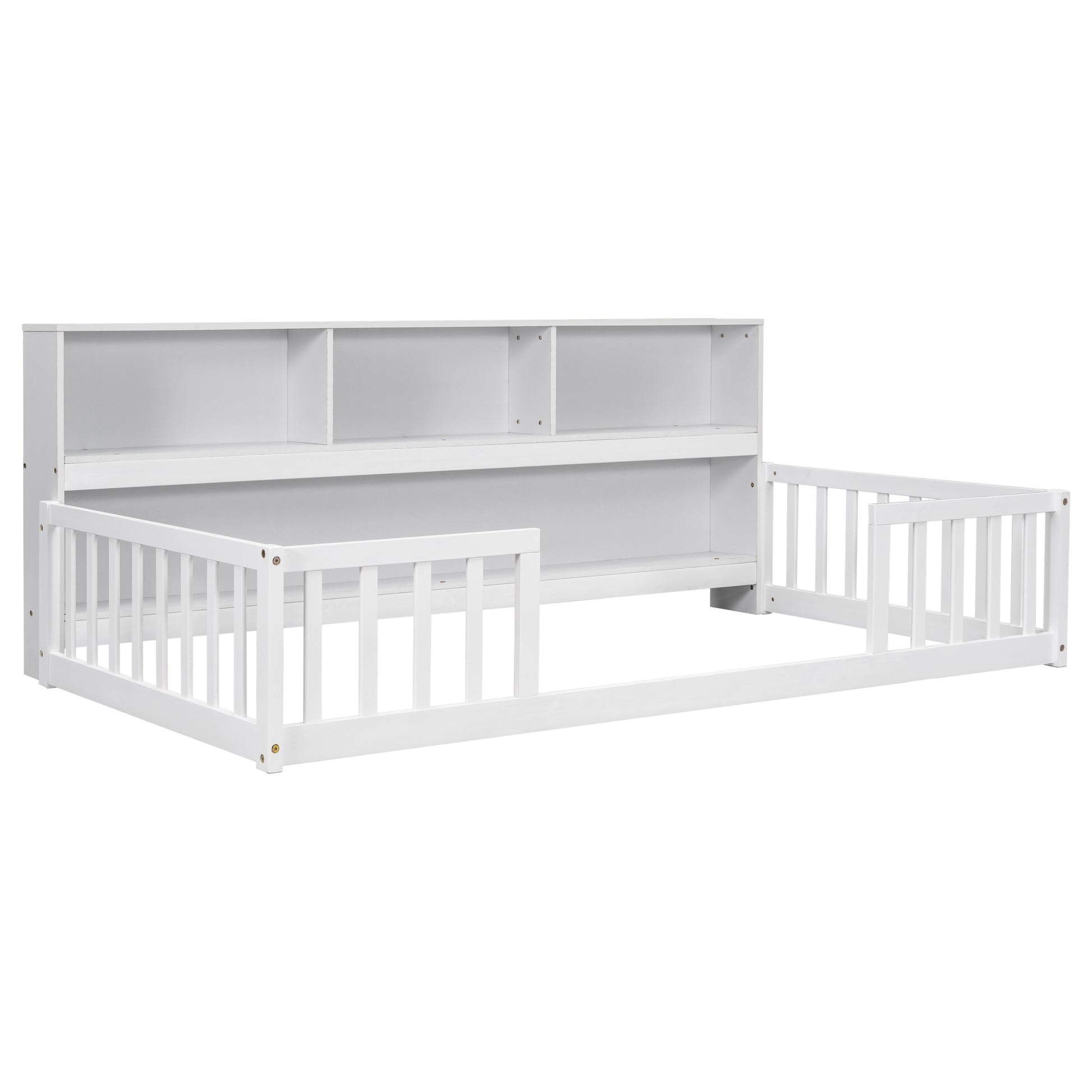 Twin Floor Bed With Bedside Bookcase,Shelves,Guardrails,White Twin White Bedroom American Design Pine