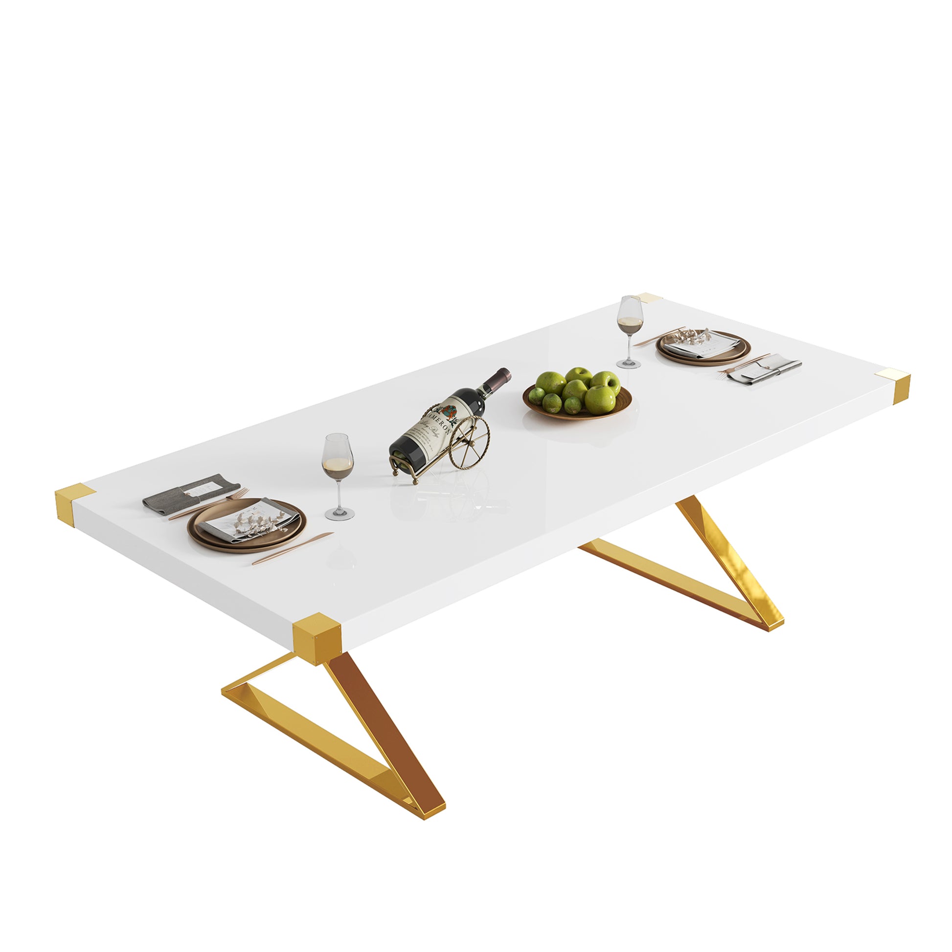 Mdf With Gold Finish Corner Top Dining Table, Gold Finish Stainless Steel Base White Gold Mdf