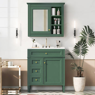 30'' Bathroom Vanity With Top Sink, Modern Bathroom Storage Cabinet With 2 Drawers And A Tip Out Drawer, Freestanding Vanity Set With Mirror Cabinet, Single Sink Bathroom Vanity Same As Sw000126Aaf