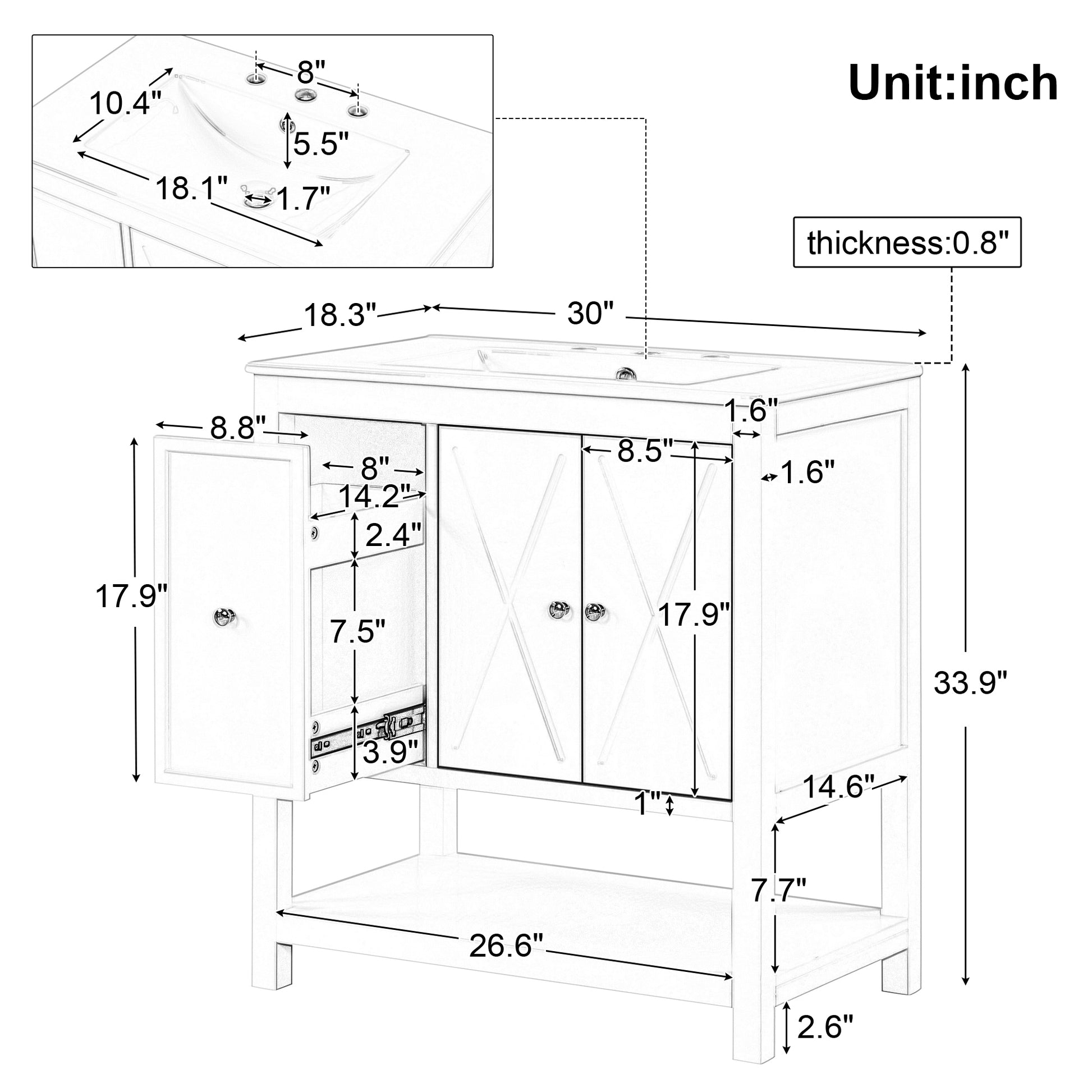 30" Bathroom Vanity With Sink Top, Bathroom Vanity Cabinet With Two Doors And One Drawer, Mdf Boards, Solid Wood, One Package, White White Solid Wood Mdf