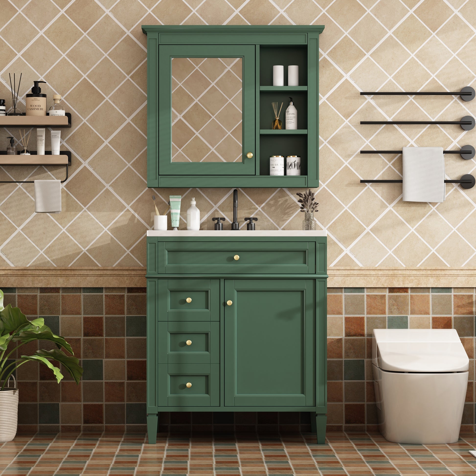 30'' Bathroom Vanity With Top Sink, Modern Bathroom Storage Cabinet With 2 Drawers And A Tip Out Drawer, Freestanding Vanity Set With Mirror Cabinet, Single Sink Bathroom Vanity 3 Green 2 5 Bathroom Freestanding Solid Wood Mdf Resin Painted