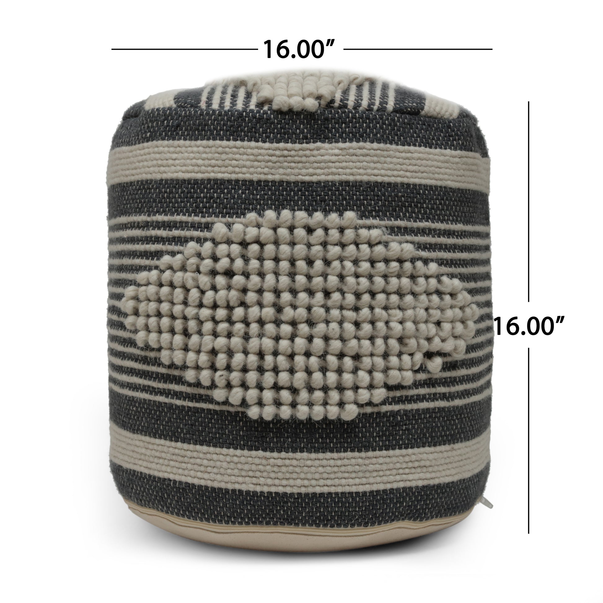 Diamond Handcrafted Fabric Cylindrical Pouf, Beige And Dark Grey Dawn Grey Fabric