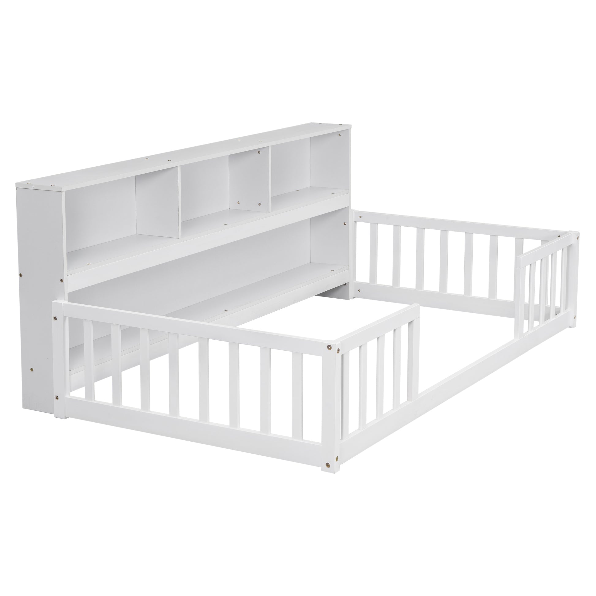 Twin Floor Bed With Bedside Bookcase,Shelves,Guardrails,White Twin White Bedroom American Design Pine