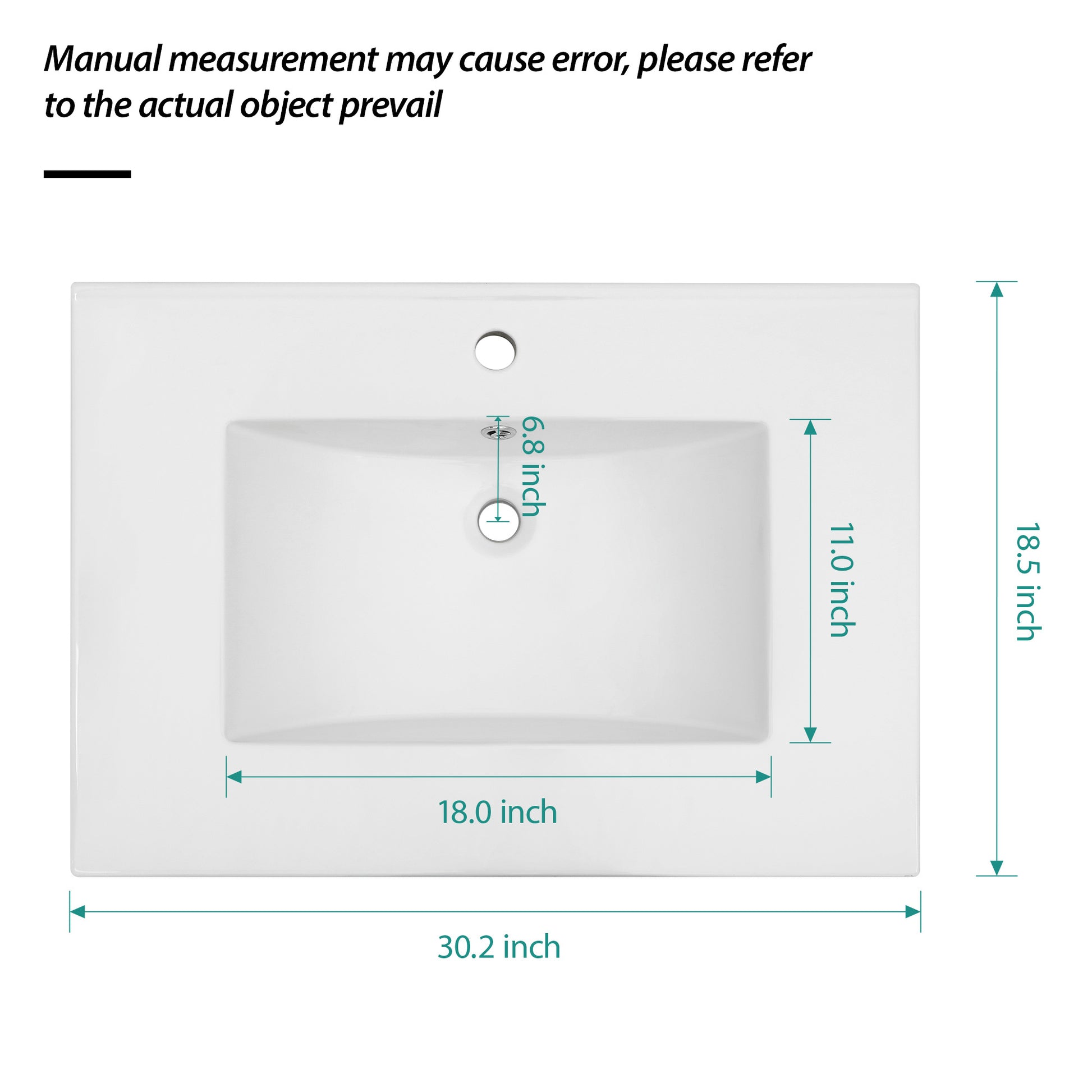 30.2"X18.5" White Rectangular Single Vanity Top With 1 Faucet Hole And Overflow Sink Only White Ceramic