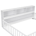 Full Floor Bed With Side Bookcase,Shelves,Guardrails,White Full White Bedroom American Design Pine