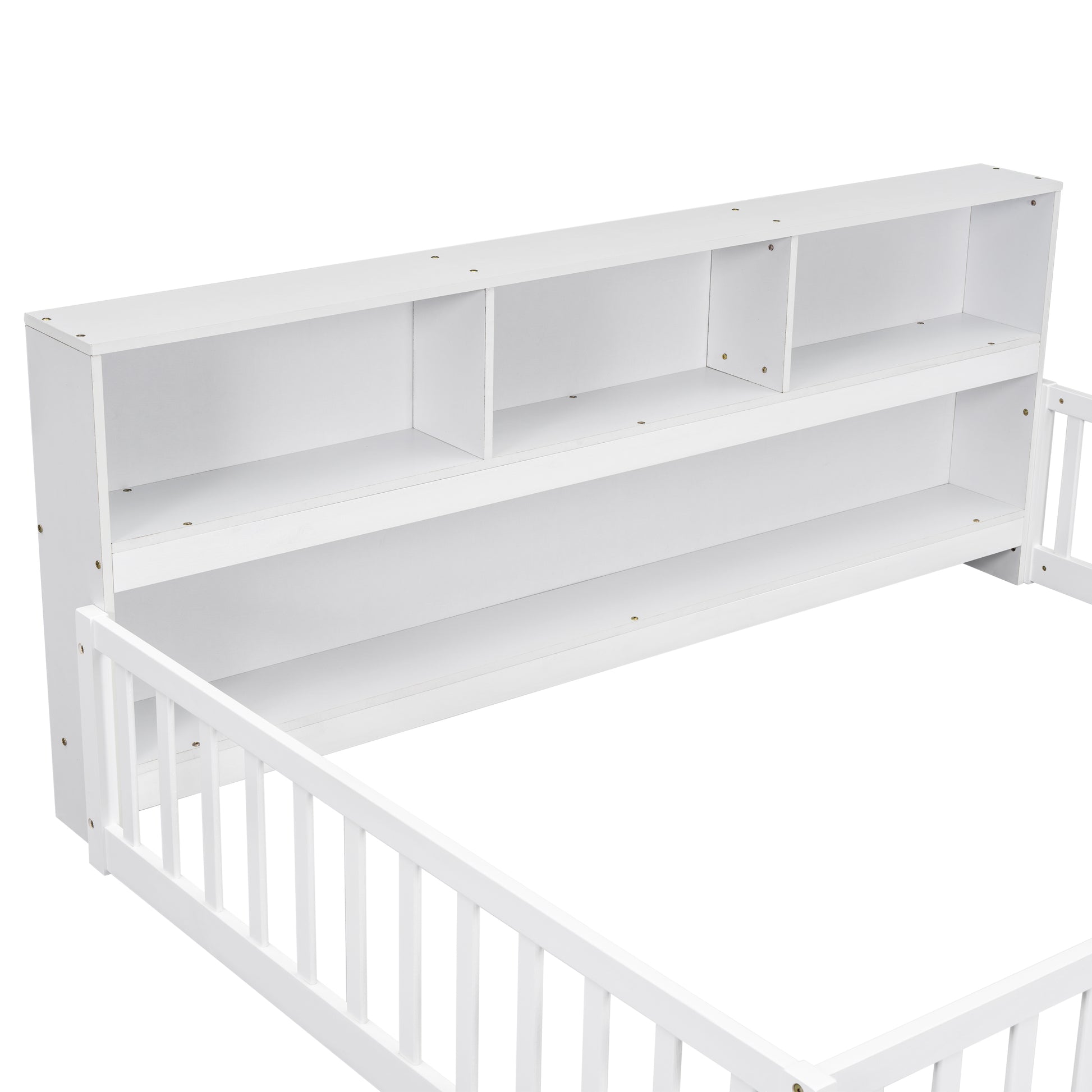 Full Floor Bed With Side Bookcase,Shelves,Guardrails,White Full White Bedroom American Design Pine