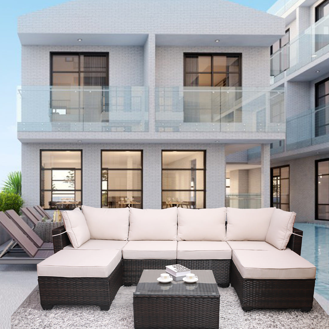 Outdoor Garden Patio Furniture 7 Piece Pe Rattan Wicker Cushioned Sofa Sets And Coffee Table, Patio Furniture Set Outdoor Couch Outdoor Couch Patio Furniture Outdoor Sofa Patio Couch Yes Complete Patio Set Brown Beige Rust Resistant Frame Water Resistant