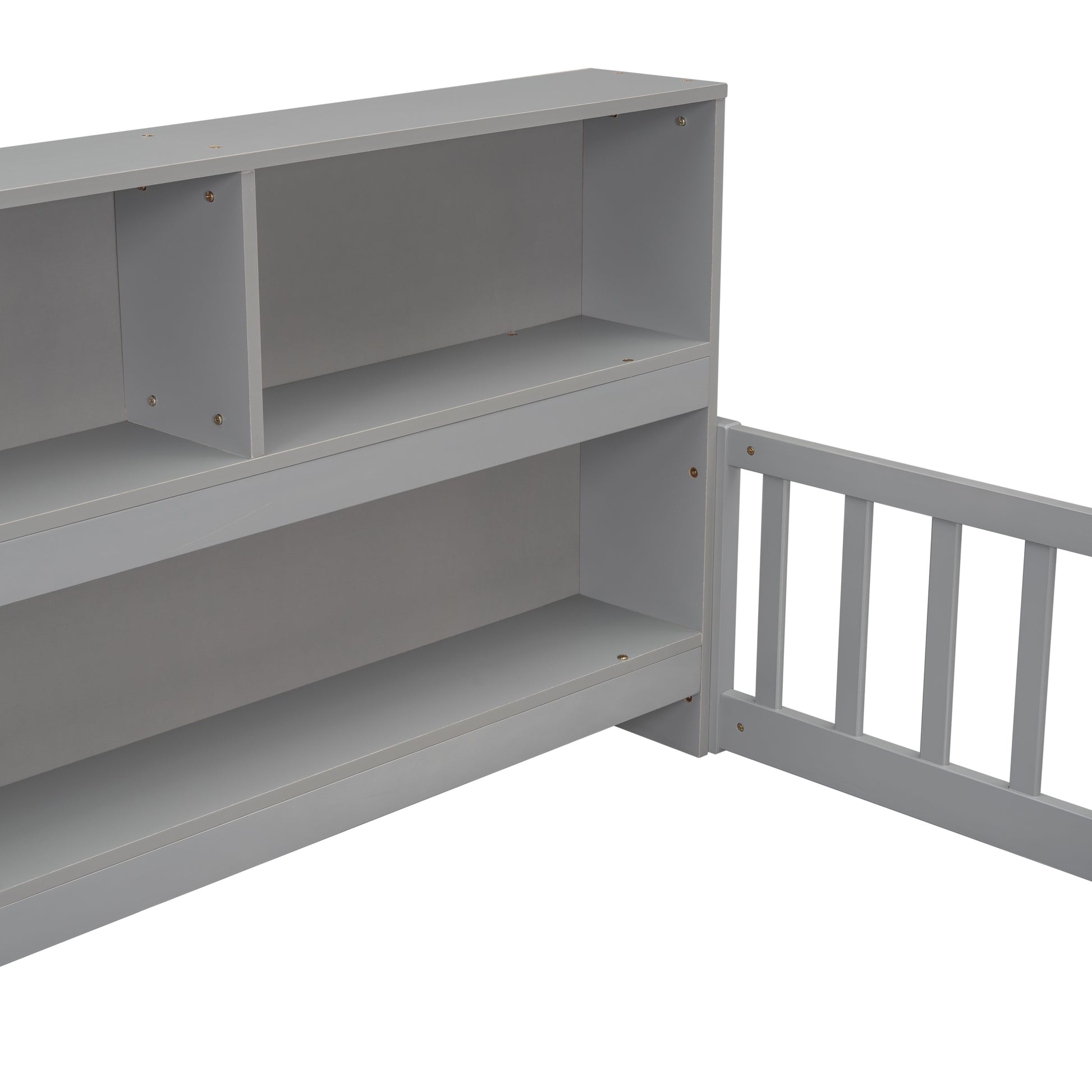 Full Floor Bed With Side Bookcase,Shelves,Guardrails,Grey Full Grey Bedroom American Design Pine