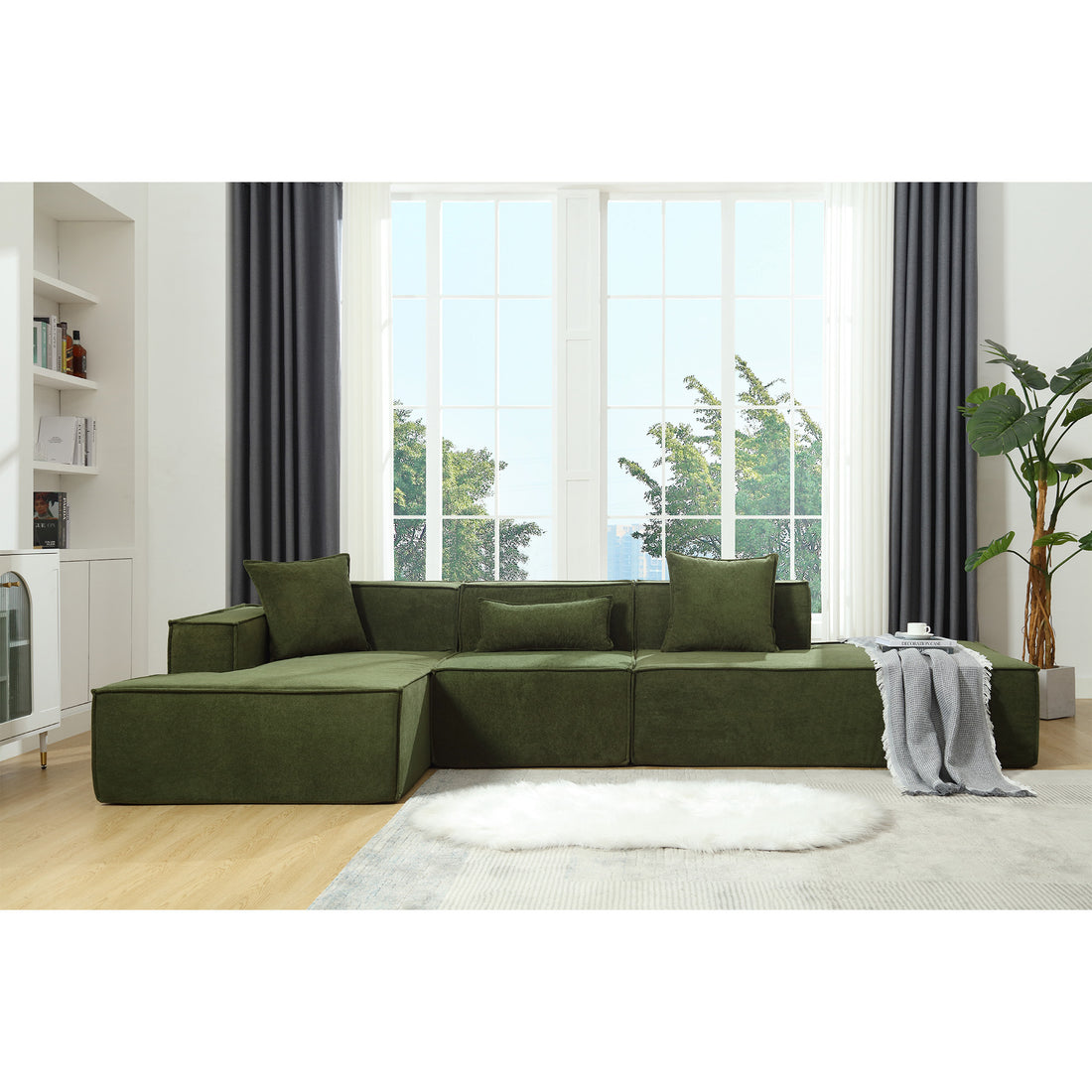 Modular Combination Living Room Sofa Set, Modern Minimalist Sofa, Free Installation Sofa, L Shaped, Italian Minimalist Tofu Block Sofa, Left Hand Facing,Terrycloth Fabric ,Green Green Polyester Primary Living Space Soft Modern Polyester 3 Seat