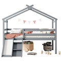 Twin Low Loft House Bed With Slide, Ladder, Safety Guardrails, House Roof Frame,Grey Twin Grey American Design Pine