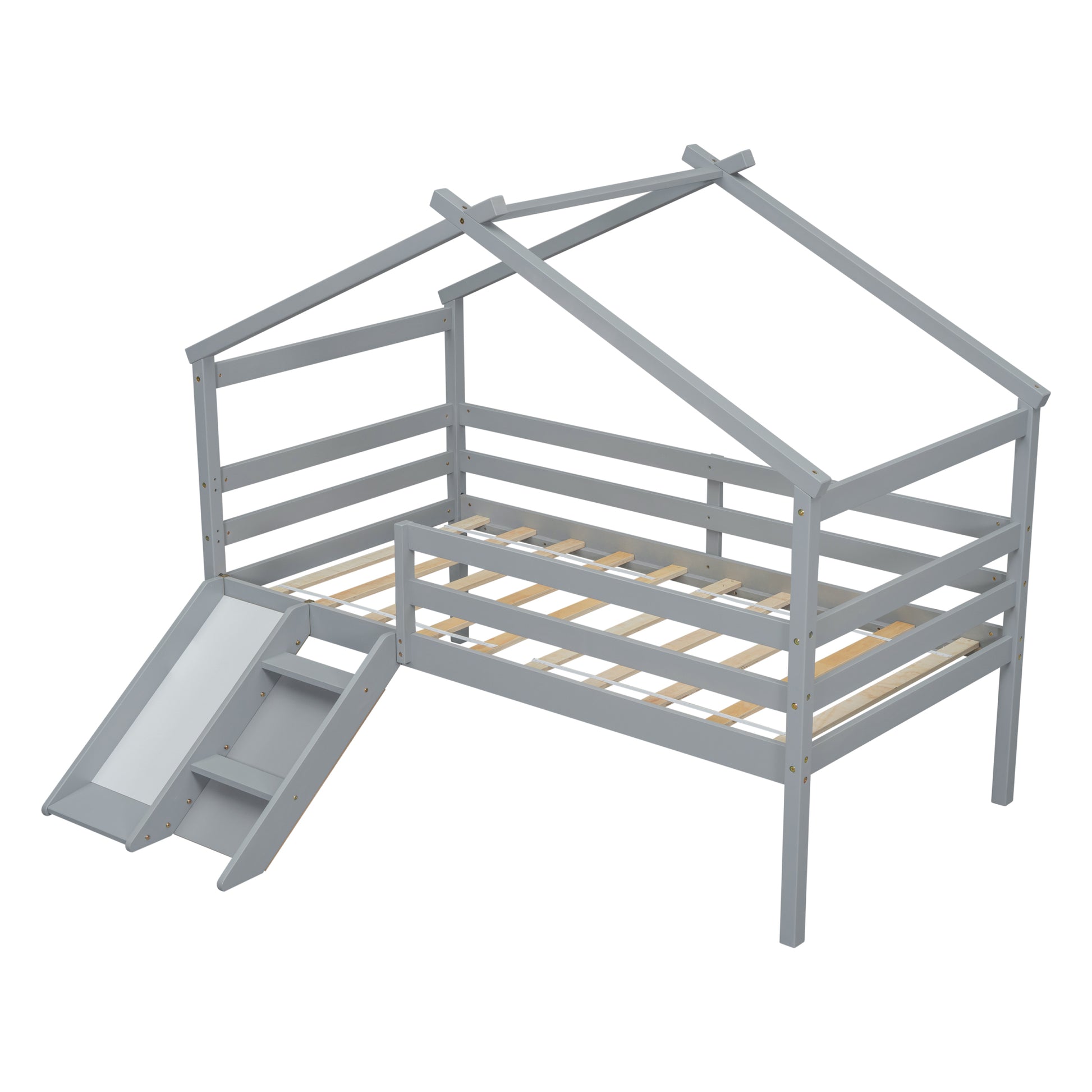 Twin Low Loft House Bed With Slide, Ladder, Safety Guardrails, House Roof Frame,Grey Twin Grey American Design Pine