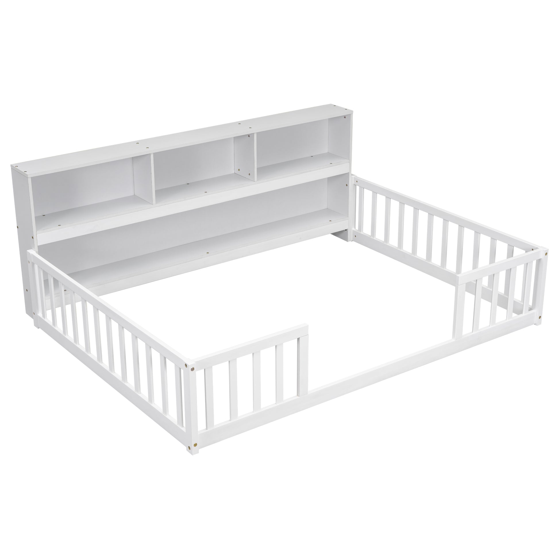 Full Floor Bed With Side Bookcase,Shelves,Guardrails,White Full White Bedroom American Design Pine