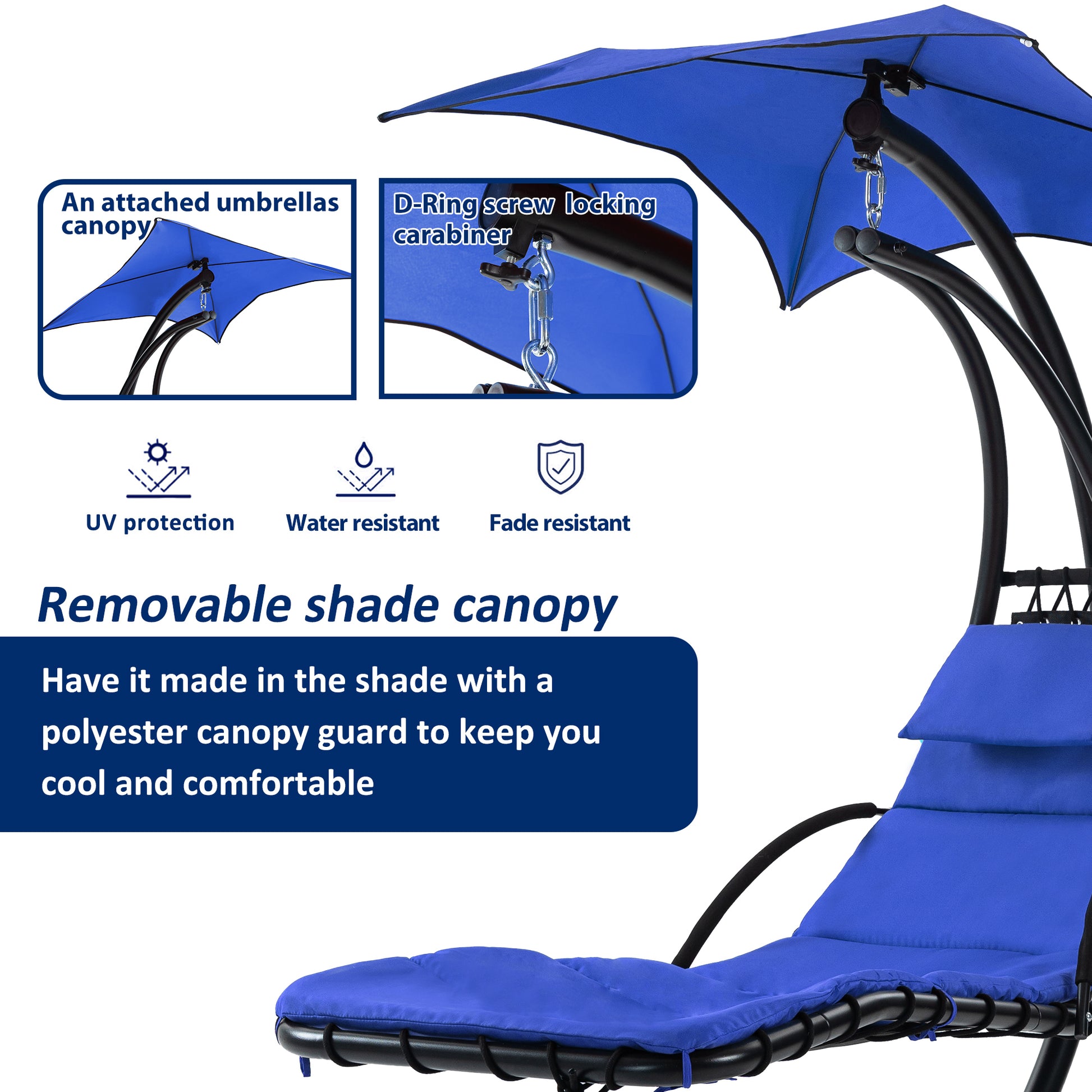 Hanging Chaise Lounger With Removable Canopy, Outdoor Swing Chair With Built In Pillow, Hanging Curved Chaise Lounge Chair Swing For Patio Porch Poolside, Hammock Chair With Stand Navt Navy Metal
