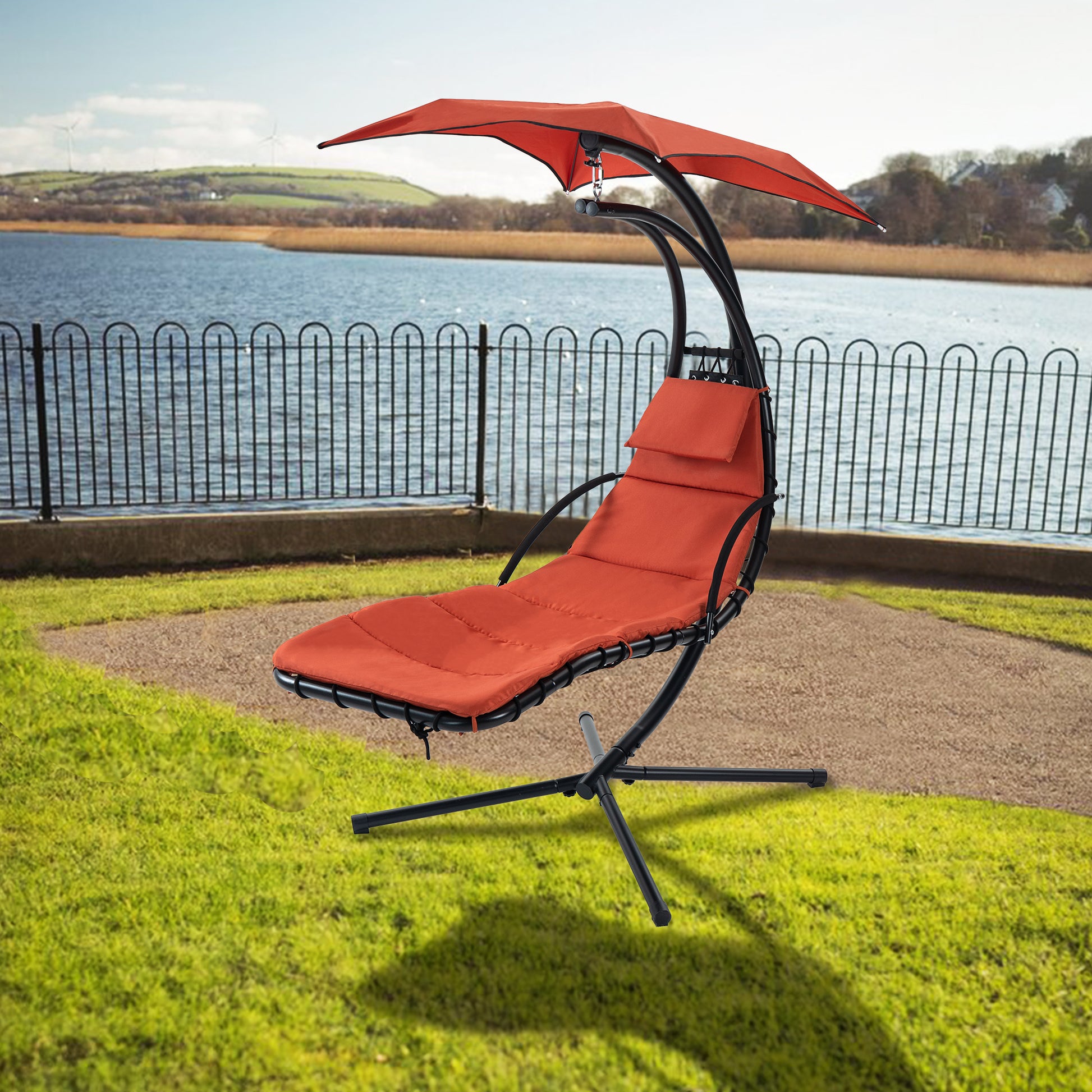 Hanging Chaise Lounger With Removable Canopy, Outdoor Swing Chair With Built In Pillow, Hanging Curved Chaise Lounge Chair Swing For Patio Porch Poolside, Hammock Chair With Stand Orange Orange Metal