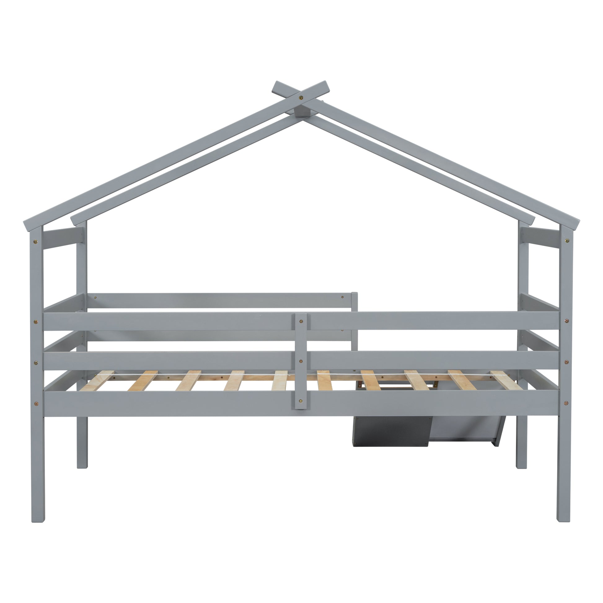 Twin Low Loft House Bed With Slide, Ladder, Safety Guardrails, House Roof Frame,Grey Twin Grey American Design Pine