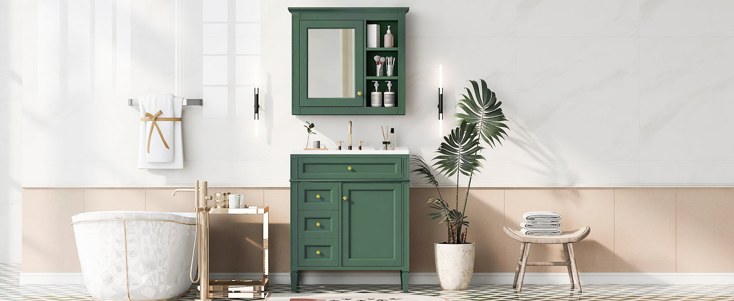 30'' Bathroom Vanity With Top Sink, Modern Bathroom Storage Cabinet With 2 Drawers And A Tip Out Drawer, Freestanding Vanity Set With Mirror Cabinet, Single Sink Bathroom Vanity Same As Sw000126Aaf