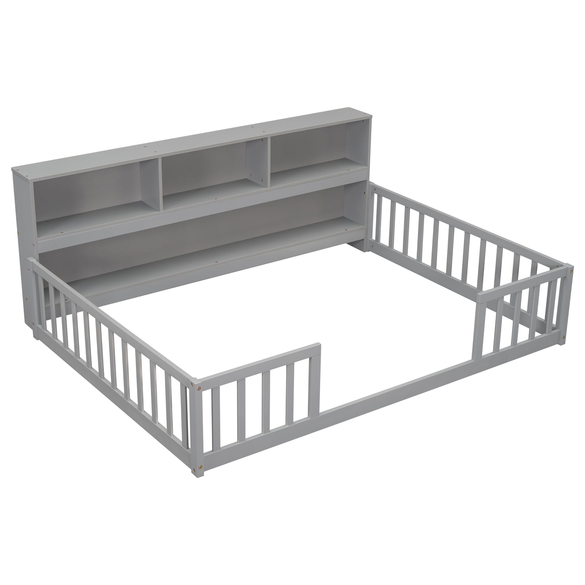 Full Floor Bed With Side Bookcase,Shelves,Guardrails,Grey Full Grey Bedroom American Design Pine